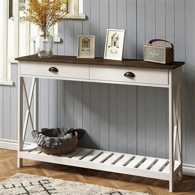 47" Farmhouse Console Table with Drawer & Slatted Shelf, White & Natural Wood, Entryway Foyer