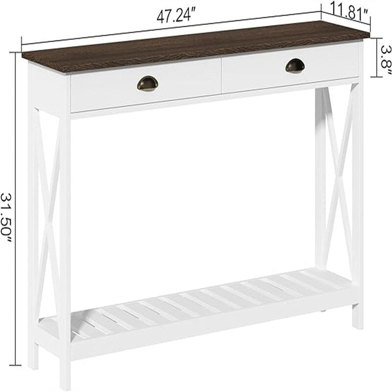 47" Farmhouse Console Table with Drawer & Slatted Shelf, White & Natural Wood, Entryway Foyer