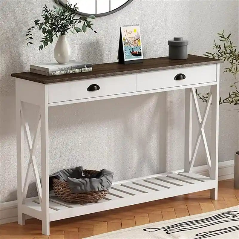 47" Farmhouse Console Table with Drawer & Slatted Shelf, White & Natural Wood, Entryway Foyer