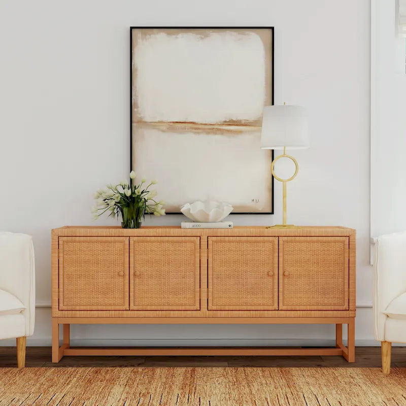 Coastal Rattan 4-Door Sideboard, Rubberwood Frame, 76"W, Fully Assembled