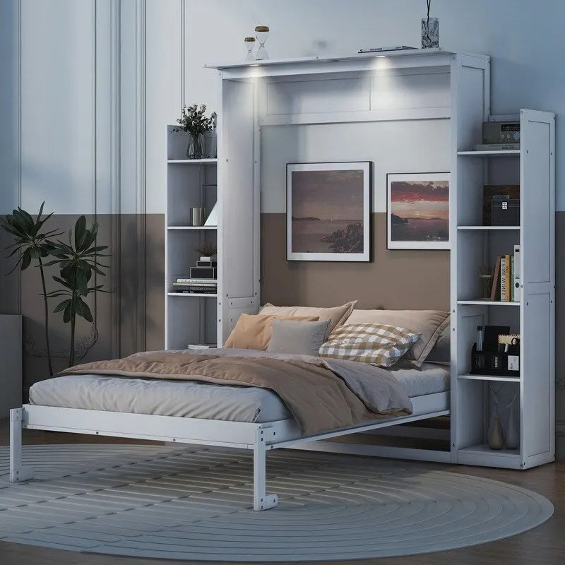 Full Size Wooden Murphy Bed Wall Bed with Shelves and LED Lights