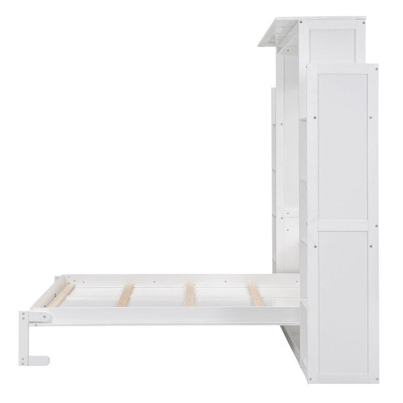 Full Size Wooden Murphy Bed Wall Bed with Shelves and LED Lights