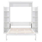 Full Size Wooden Murphy Bed Wall Bed with Shelves and LED Lights