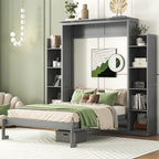 Full Size Wooden Murphy Bed Wall Bed with Shelves and LED Lights