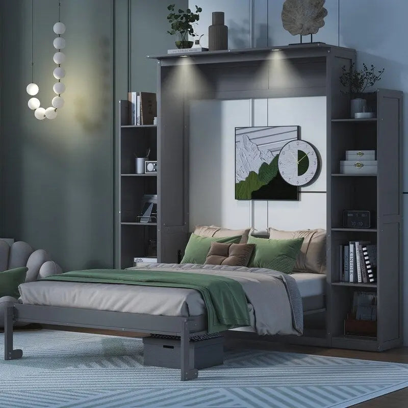 Full Size Wooden Murphy Bed Wall Bed with Shelves and LED Lights
