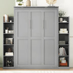 Full Size Wooden Murphy Bed Wall Bed with Shelves and LED Lights