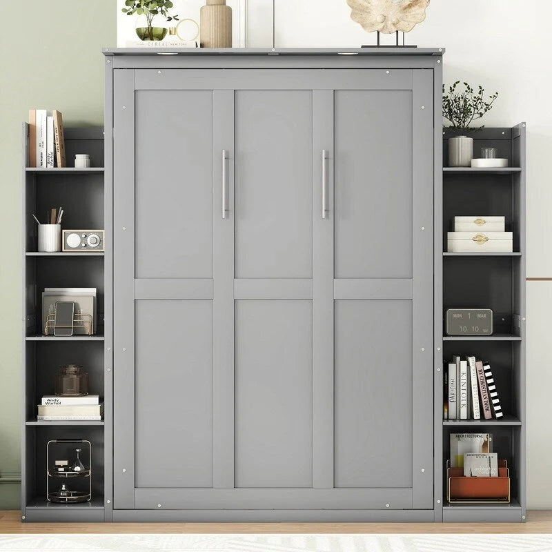 Full Size Wooden Murphy Bed Wall Bed with Shelves and LED Lights