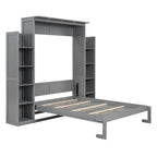 Full Size Wooden Murphy Bed Wall Bed with Shelves and LED Lights
