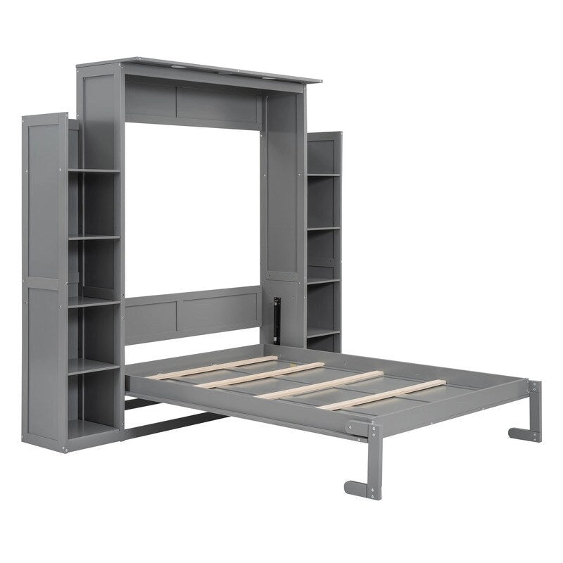 Full Size Wooden Murphy Bed Wall Bed with Shelves and LED Lights
