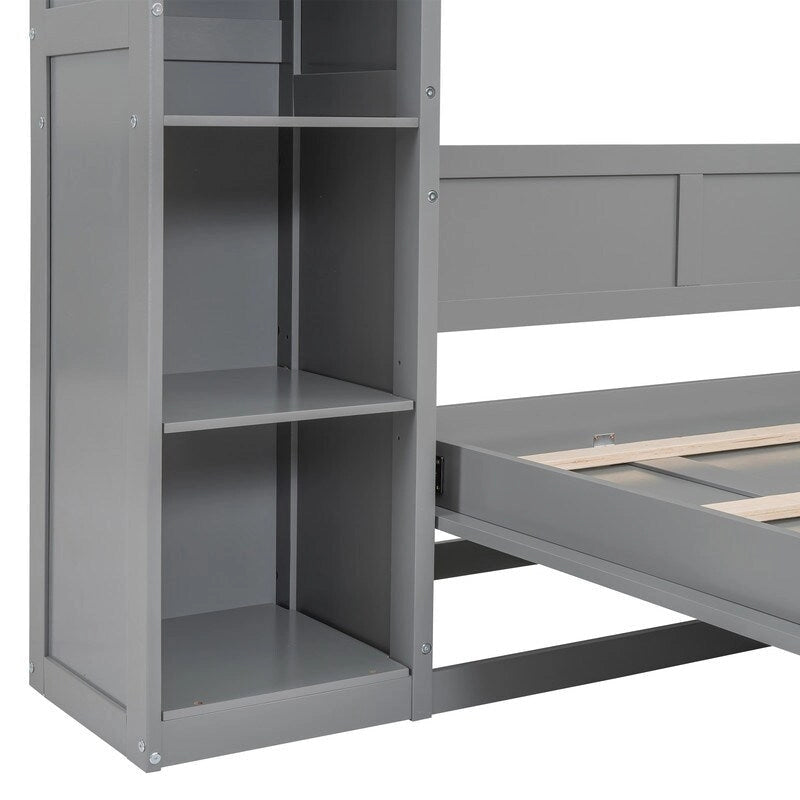 Full Size Wooden Murphy Bed Wall Bed with Shelves and LED Lights