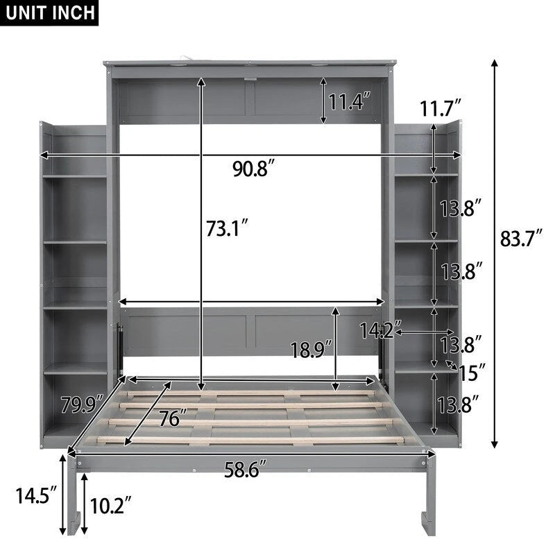 Full Size Wooden Murphy Bed Wall Bed with Shelves and LED Lights