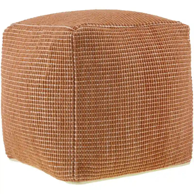 Modern Chunky Grid Pouf Ottoman, Wool & Cotton Top, Polyester Fill
