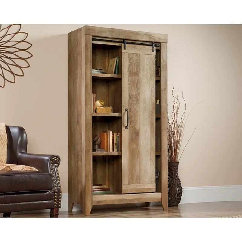 Tall Storage Cabinet with Sliding Door, 6 Adjustable Shelves, Oak Finish, 71"H