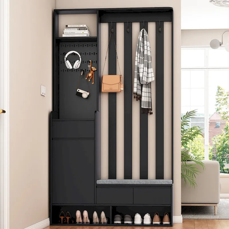 39.3Wx70.8H Hall Tree Storage with Cushioned Storage Bench,Multifunctional Hallway Shoe Cabinet,Pegboard,Coat Rack,4 Hooks
