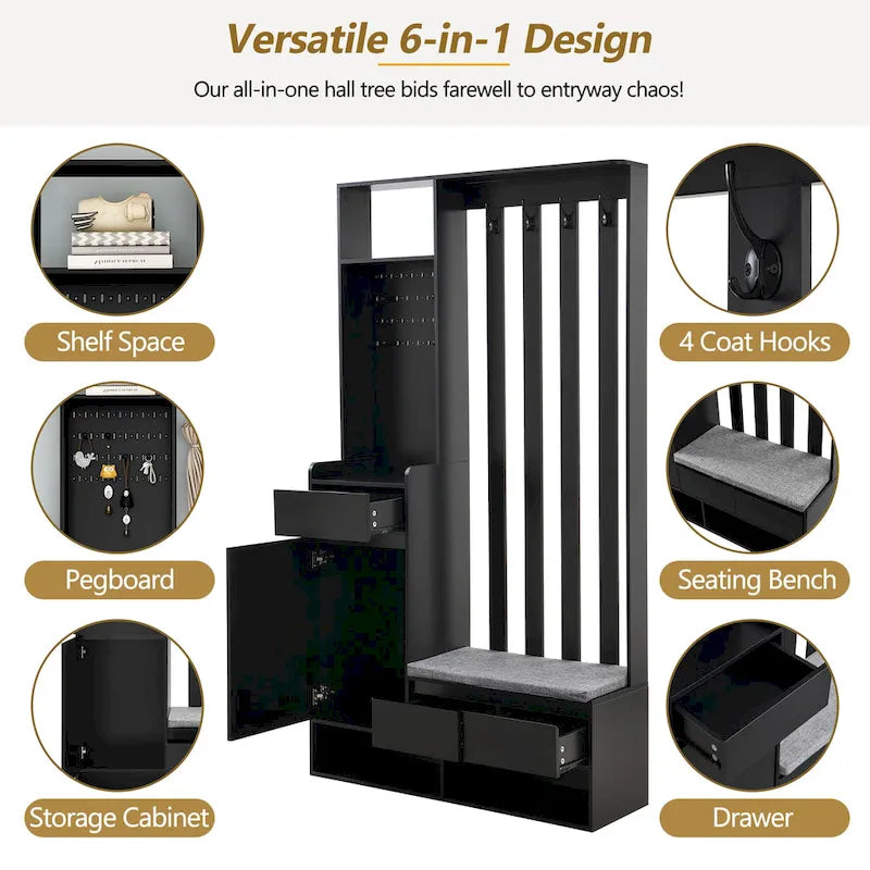 39.3Wx70.8H Hall Tree Storage with Cushioned Storage Bench,Multifunctional Hallway Shoe Cabinet,Pegboard,Coat Rack,4 Hooks