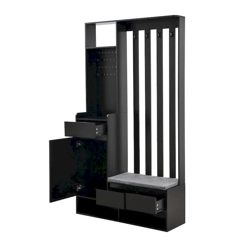 39.3Wx70.8H Hall Tree Storage with Cushioned Storage Bench,Multifunctional Hallway Shoe Cabinet,Pegboard,Coat Rack,4 Hooks