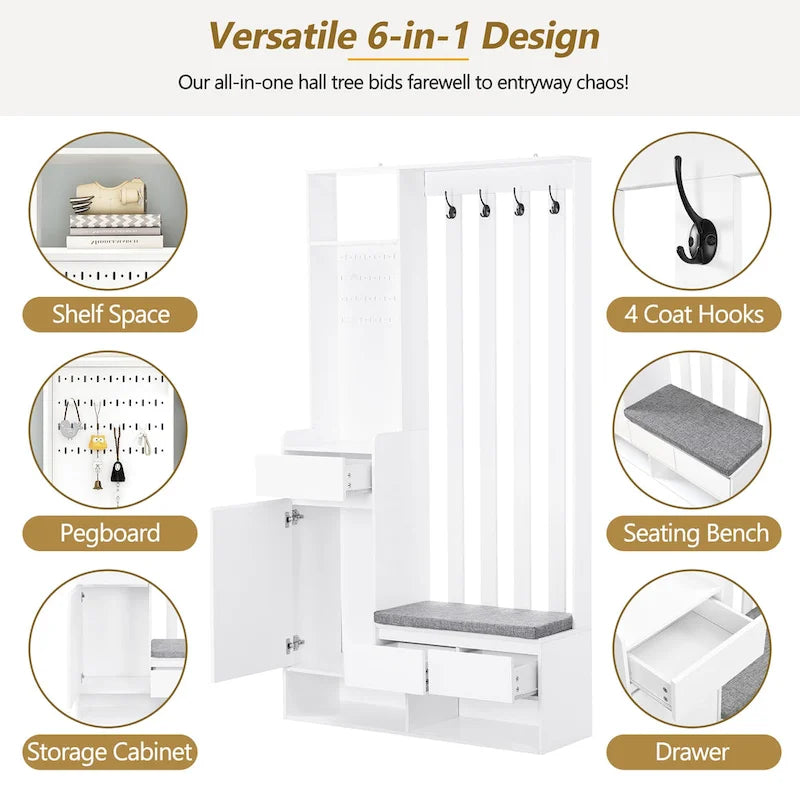 39.3Wx70.8H Hall Tree Storage with Cushioned Storage Bench,Multifunctional Hallway Shoe Cabinet,Pegboard,Coat Rack,4 Hooks