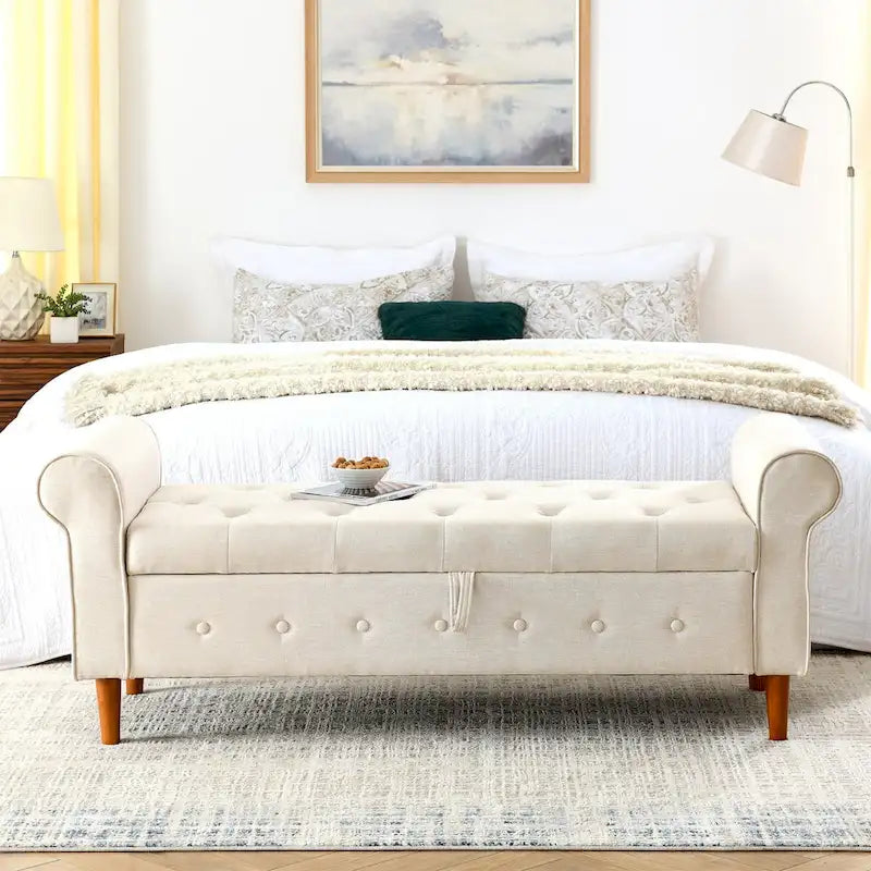 62 Bedroom Tufted Button Storage Bench, Modern Fabric Upholstered Ottoman, Window Bench, Rolled Arm Design for Bedroom