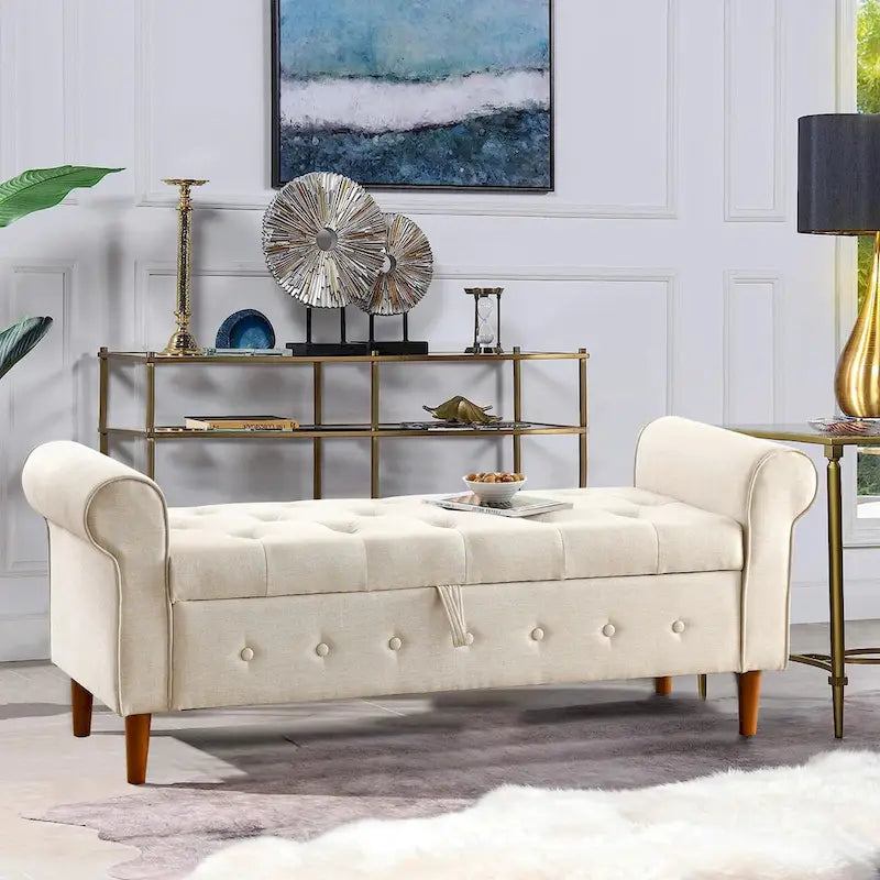 62 Bedroom Tufted Button Storage Bench, Modern Fabric Upholstered Ottoman, Window Bench, Rolled Arm Design for Bedroom