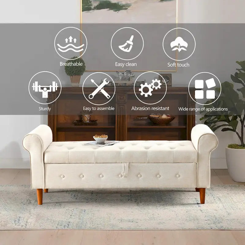 62 Bedroom Tufted Button Storage Bench, Modern Fabric Upholstered Ottoman, Window Bench, Rolled Arm Design for Bedroom