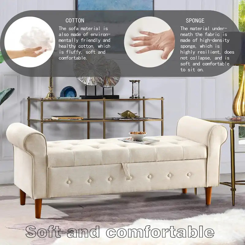 62 Bedroom Tufted Button Storage Bench, Modern Fabric Upholstered Ottoman, Window Bench, Rolled Arm Design for Bedroom