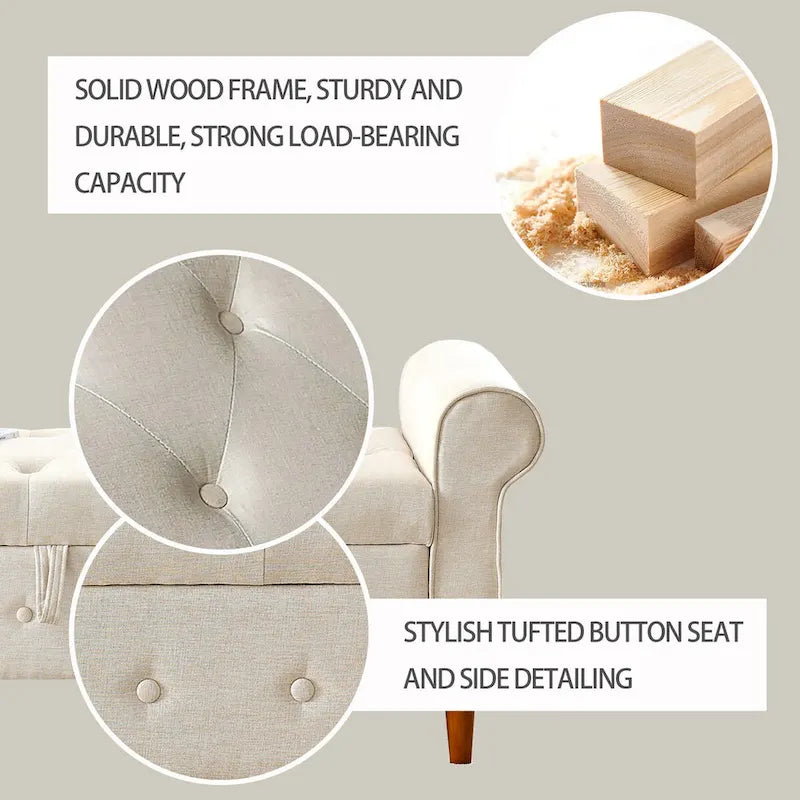 62 Bedroom Tufted Button Storage Bench, Modern Fabric Upholstered Ottoman, Window Bench, Rolled Arm Design for Bedroom