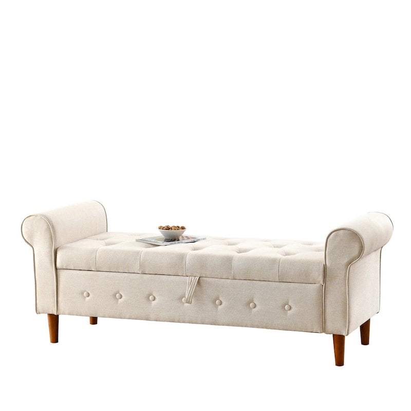 62 Bedroom Tufted Button Storage Bench, Modern Fabric Upholstered Ottoman, Window Bench, Rolled Arm Design for Bedroom