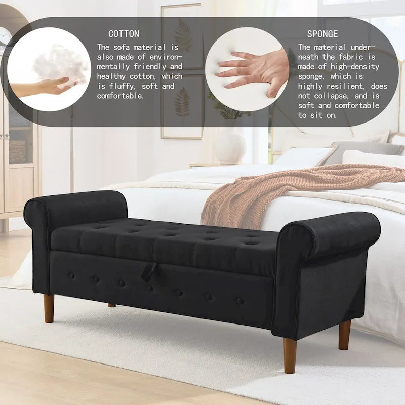 62 Bedroom Tufted Button Storage Bench, Modern Fabric Upholstered Ottoman, Window Bench, Rolled Arm Design for Bedroom