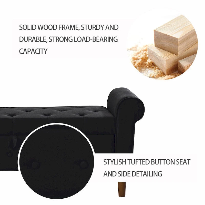 62 Bedroom Tufted Button Storage Bench, Modern Fabric Upholstered Ottoman, Window Bench, Rolled Arm Design for Bedroom