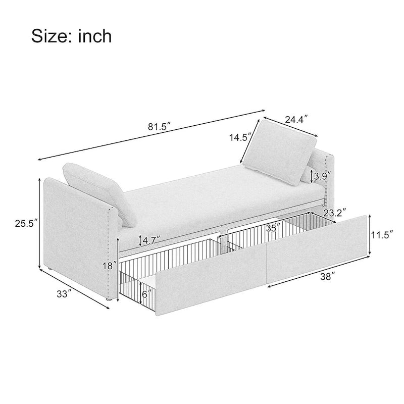 Modern Upholstered Chaise Lounger Daybed Small Single Daybed with 2 Drawers